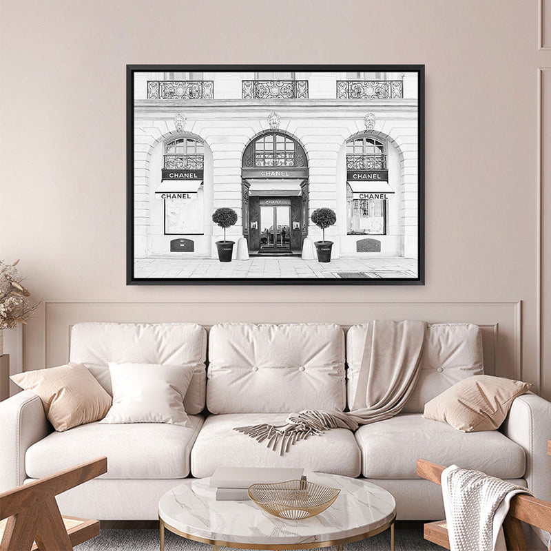 Shop 31 Rue Cambon B&W Canvas Print a Paris France Fashion style themed painted framed canvas wall art print from The Print Emporium artwork collection - Buy Australian made fine art painting style stretched canvas prints for the home and your interior decor space, TPE-771-CA-35X46-NF