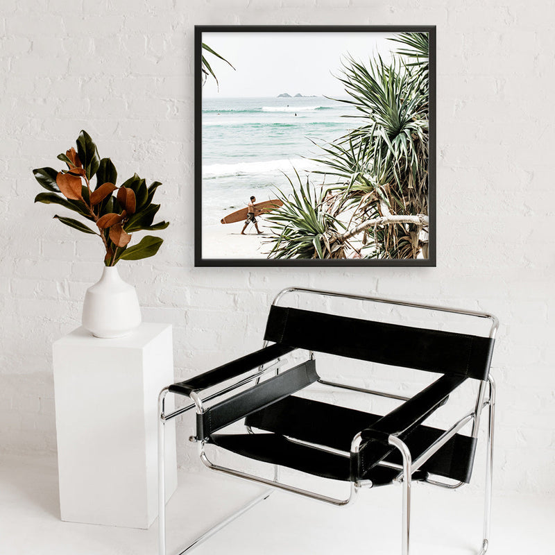 Shop Byron Bay Longboarder (Square) Photo Art Print a coastal themed photography wall art print from The Print Emporium wall artwork collection - Buy Australian made fine art poster and framed prints for the home and your interior decor, TPE-968-AP