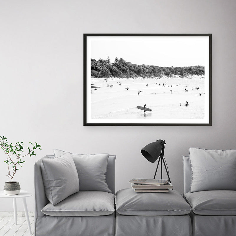 Shop Byron Surfer I B&W Photo��Art Print a coastal themed photography wall art print from The Print Emporium wall artwork collection - Buy Australian made fine art poster and framed prints for the home and your interior decor, TPE-1008-AP