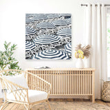 Shop Dark Blue Beach Umbrellas (Square) Canvas Print a coastal themed painted framed canvas wall art print from The Print Emporium artwork collection - Buy Australian made fine art painting style stretched canvas prints for the home and your interior decor space, TPE-434-CA-40X40-NF