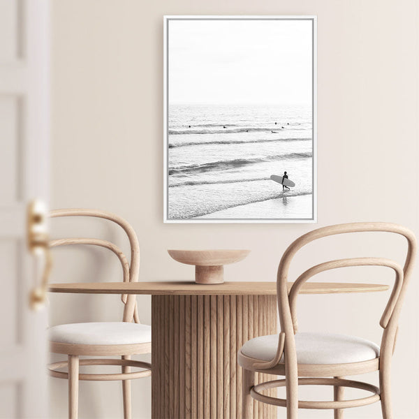 Shop Going Surfing B&W Photo Canvas Print a coastal themed photography framed stretched canvas print from The Print Emporium wall artwork collection - Buy Australian made prints for the home and your interior decor space, TPE-1159-CA-35X46-NF