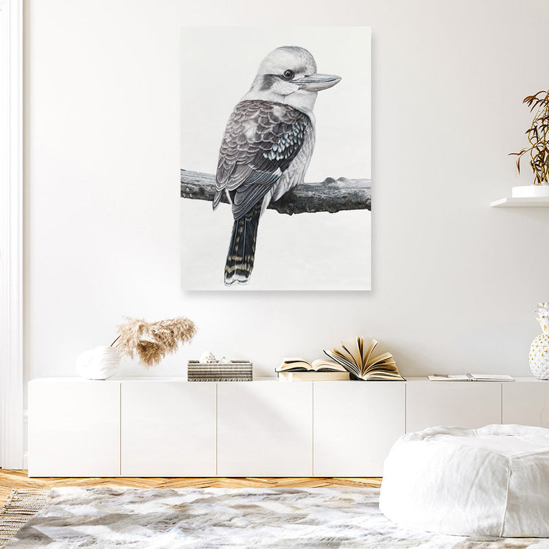 Shop Kookaburra On A Branch Canvas Print a painted bird themed framed canvas wall art print from The Print Emporium artwork collection - Buy Australian made fine art painting style stretched canvas prints for the home and your interior decor space, TPE-389-CA-35X46-NF