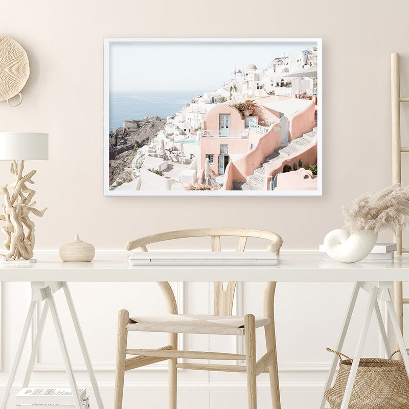 Shop Santorini Pink House I Photo Art Print a coastal themed photography wall art print from The Print Emporium wall artwork collection - Buy Australian made fine art poster and framed prints for the home and your interior decor, TPE-1324-AP