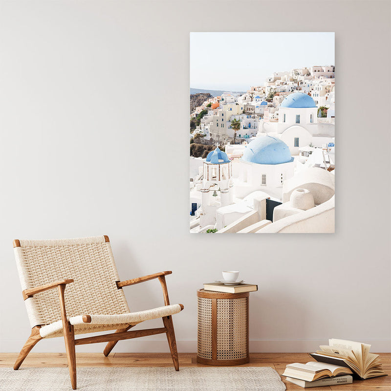 Shop Santorini Skyline III Photo Canvas Print a coastal themed photography framed stretched canvas print from The Print Emporium wall artwork collection - Buy Australian made prints for the home and your interior decor space, TPE-1316-CA-35X46-NF