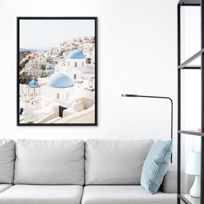 Shop Santorini Skyline III Photo Canvas Print a coastal themed photography framed stretched canvas print from The Print Emporium wall artwork collection - Buy Australian made prints for the home and your interior decor space, TPE-1316-CA-35X46-NF