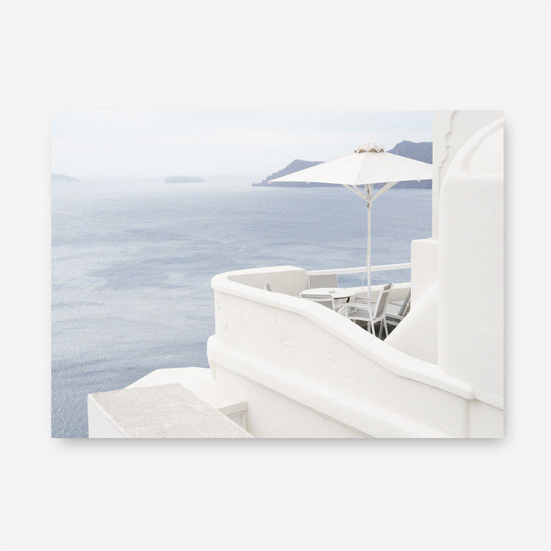 Shop Santorini Terrace I Photo Canvas Print a coastal themed photography framed stretched canvas print from The Print Emporium wall artwork collection - Buy Australian made prints for the home and your interior decor space, TPE-1323-CA-35X46-NF