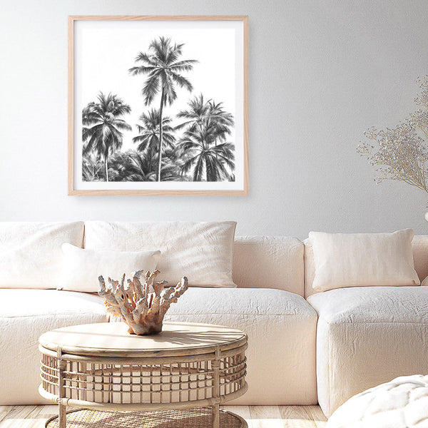 Shop Summer Palms II (B&W) (Square) Art Print a coastal themed painted wall art print from The Print Emporium wall artwork collection - Buy Australian made fine art painting style poster and framed prints for the home and your interior decor room, TPE-358-AP