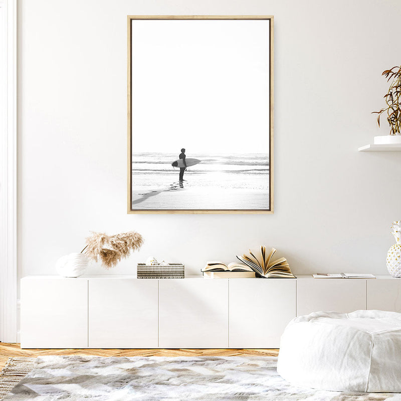 Shop Surfer On The Sand Photo Canvas Print a coastal themed photography framed stretched canvas print from The Print Emporium wall artwork collection - Buy Australian made prints for the home and your interior decor space, TPE-1064-CA-35X46-NF