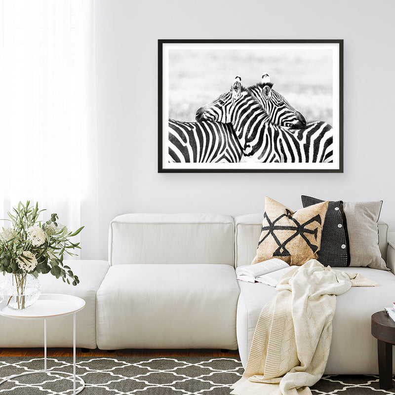 Shop Zebra Hug Photo Art Print a photography wall art print from The Print Emporium wall artwork collection - Buy Australian made fine art poster and framed prints for the home and your interior decor room, TPE-876-AP