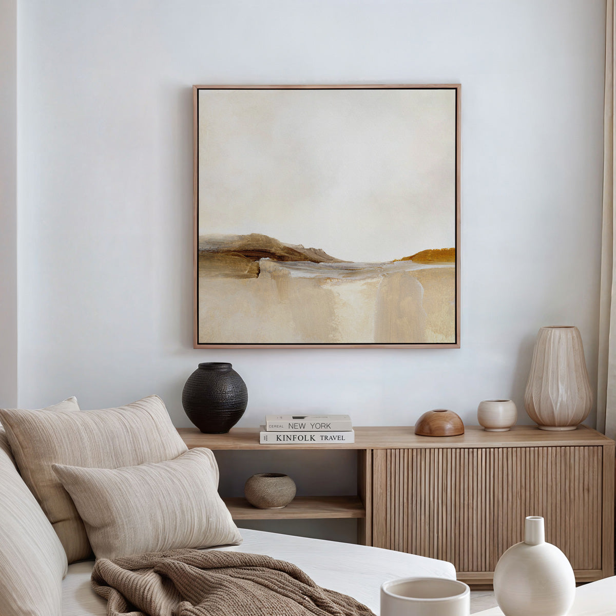 Autumn toned canvas wall art print on a wall in a living room