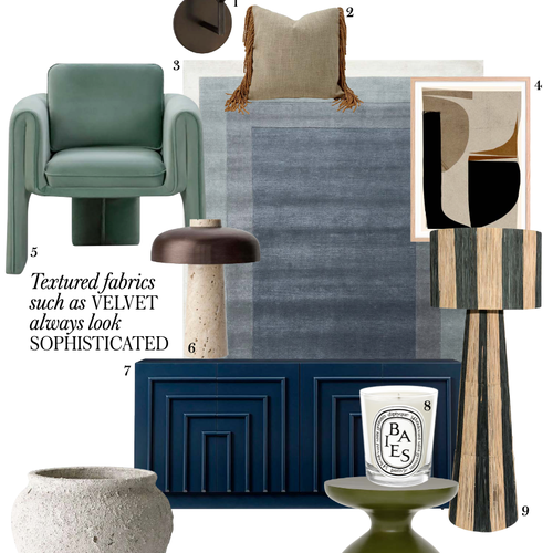 Collage of interior decor elements including a green armchair, rug, artwork print, and candle in Inside Out Magazine Australia.