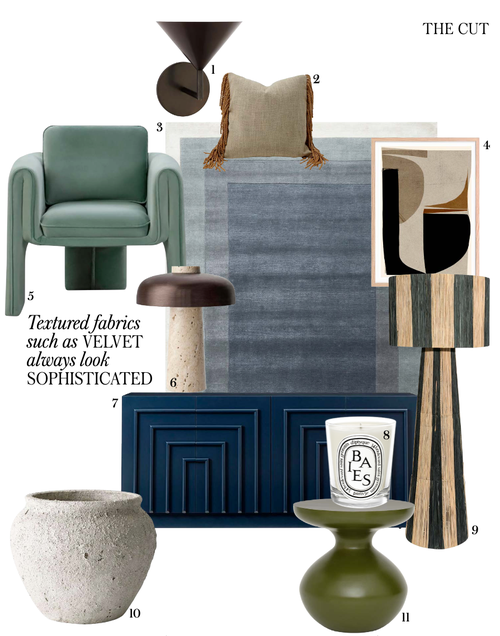 Collage of interior decor elements including a green armchair, rug, artwork print, and candle in Inside Out Magazine Australia.