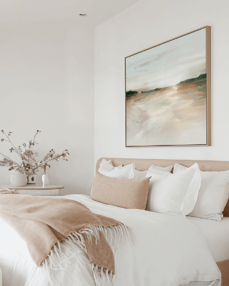 Neatly made bed with beige blanket and pillows, framed neutral abstract art on wall by The Print Emporium Australia