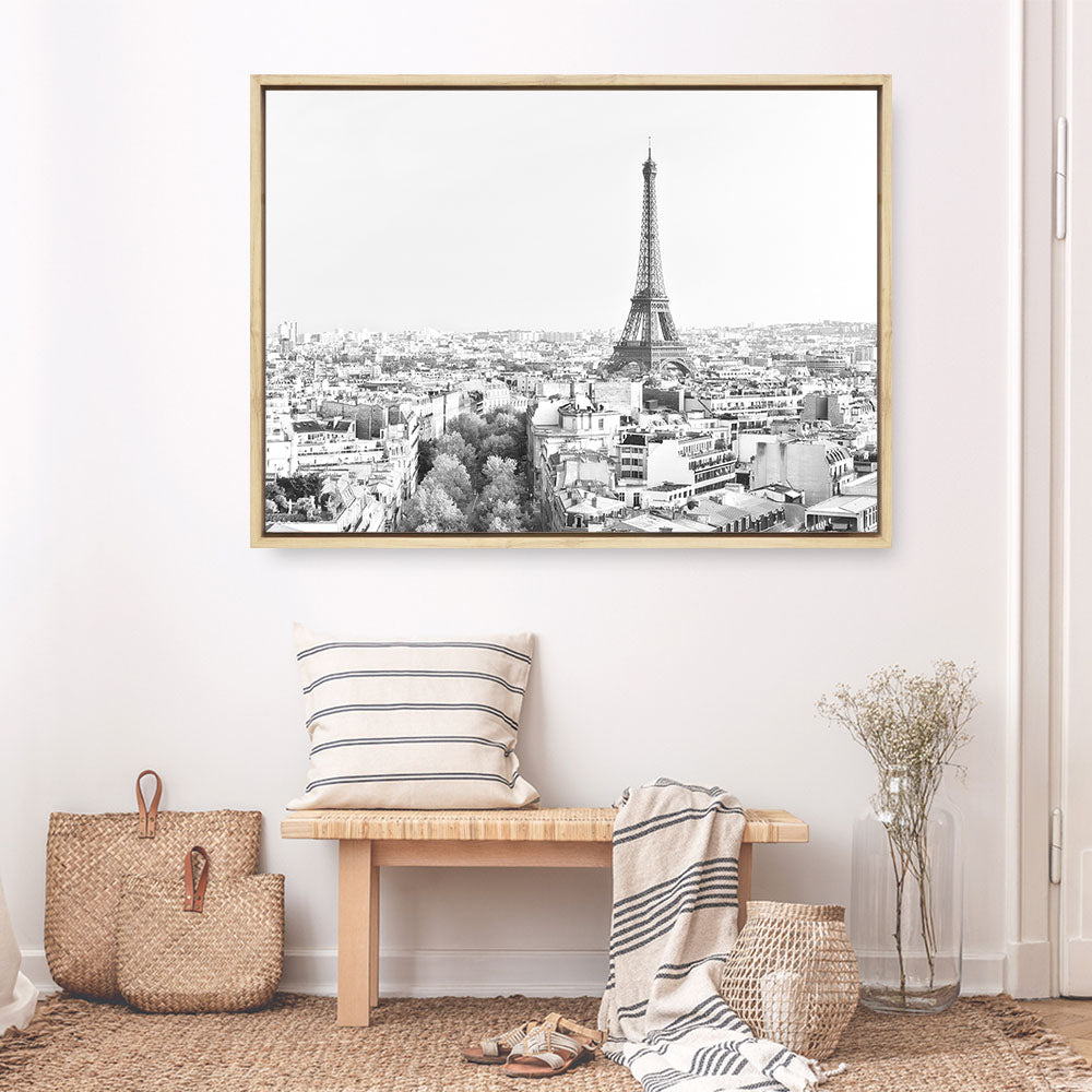 Shop Paris Skyline B&W Photo Canvas Print an Eiffel Tower France themed photography framed stretched canvas print from The Print Emporium wall artwork collection - Buy Australian made prints for the home and your interior decor space, TPE-298-CA-35X46-NF
