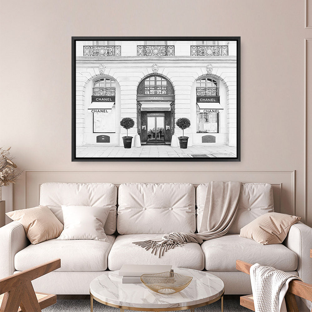 Shop 31 Rue Cambon B&W Canvas Print a Paris France Fashion style themed painted framed canvas wall art print from The Print Emporium artwork collection - Buy Australian made fine art painting style stretched canvas prints for the home and your interior decor space, TPE-771-CA-35X46-NF