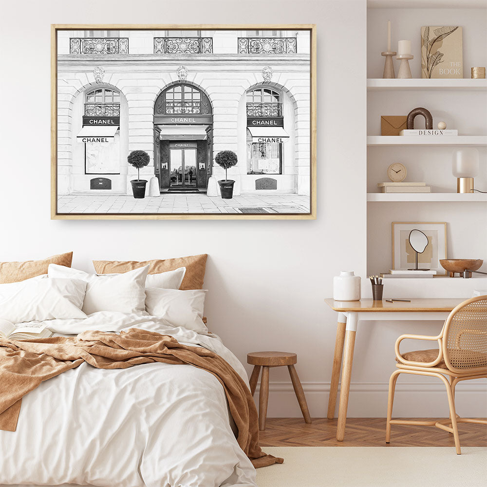 Shop 31 Rue Cambon B&W Canvas Print a Paris France Fashion style themed painted framed canvas wall art print from The Print Emporium artwork collection - Buy Australian made fine art painting style stretched canvas prints for the home and your interior decor space, TPE-771-CA-35X46-NF