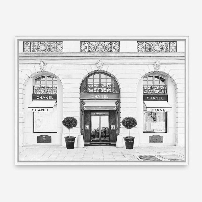 Shop 31 Rue Cambon B&W Canvas Print a Paris France Fashion style themed painted framed canvas wall art print from The Print Emporium artwork collection - Buy Australian made fine art painting style stretched canvas prints for the home and your interior decor space, TPE-771-CA-35X46-NF