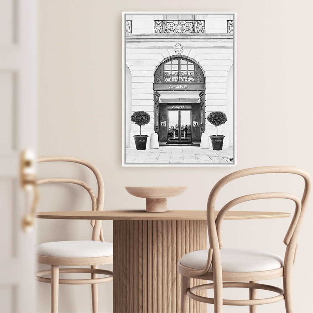 Shop 31 Rue Cambon B&W II Canvas Print a Paris France Fashion style themed painted framed canvas wall art print from The Print Emporium artwork collection - Buy Australian made fine art painting style stretched canvas prints for the home and your interior decor space, TPE-746-CA-35X46-NF