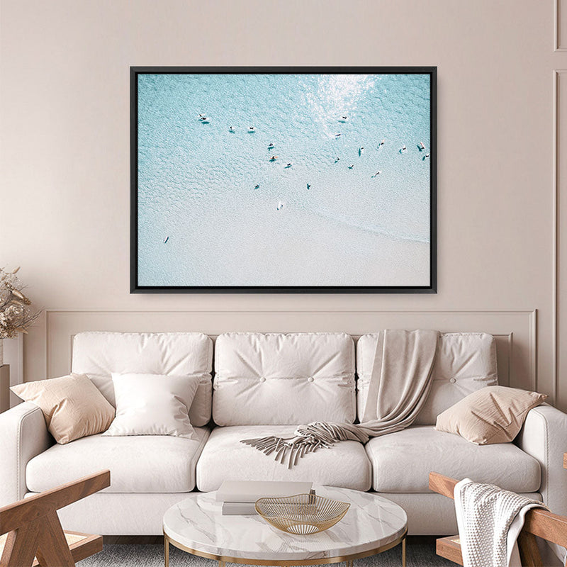 Shop Aerial Surfers I Photo Canvas Print a coastal themed photography framed stretched canvas print from The Print Emporium wall artwork collection - Buy Australian made prints for the home and your interior decor space, TPE-1232-CA-35X46-NF