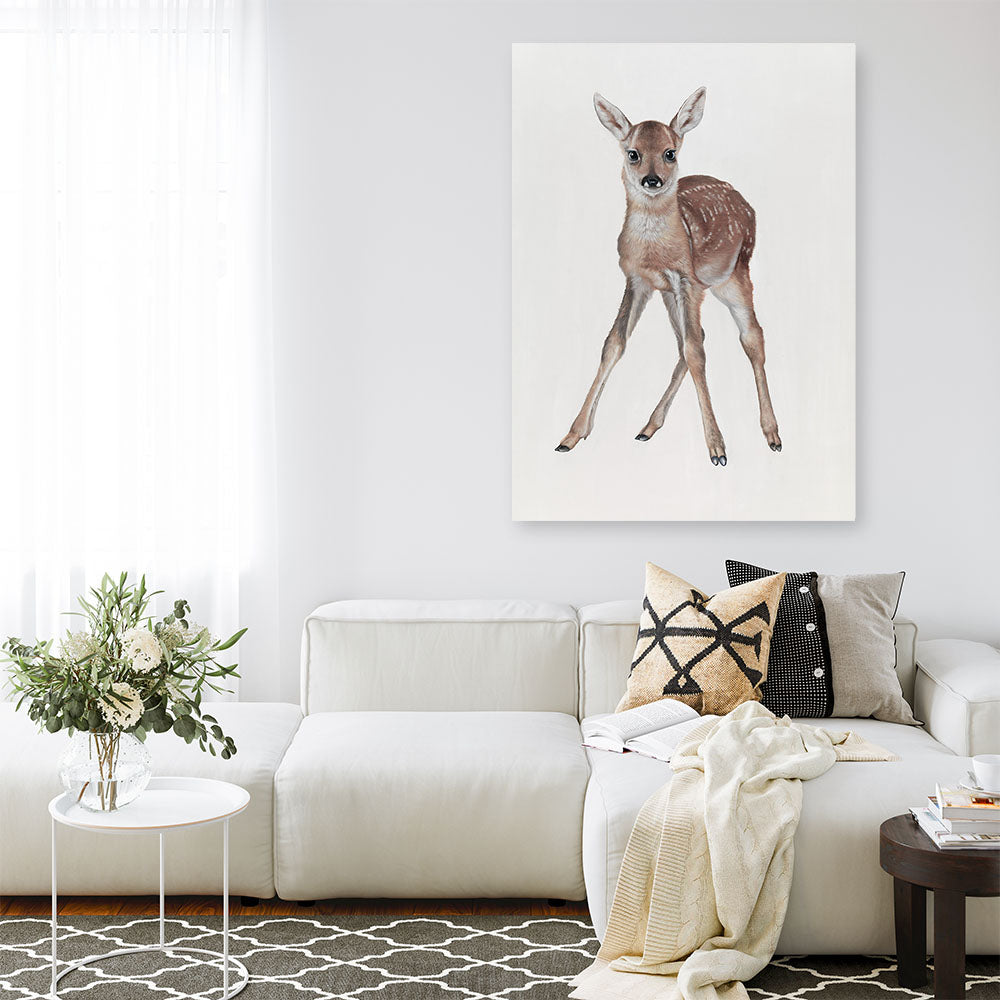 Shop Baby Deer Canvas Print a painted adorable baby nursery room animal themed framed canvas wall art print from The Print Emporium artwork collection - Buy Australian made fine art painting style stretched canvas prints for the home and your interior decor space, TPE-200-CA-35X46-NF
