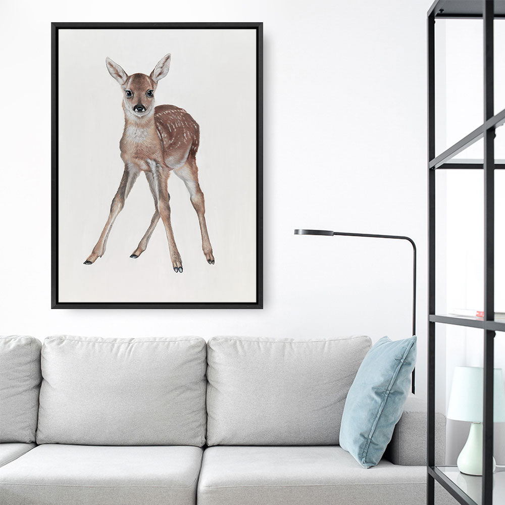 Shop Baby Deer Canvas Print a painted adorable baby nursery room animal themed framed canvas wall art print from The Print Emporium artwork collection - Buy Australian made fine art painting style stretched canvas prints for the home and your interior decor space, TPE-200-CA-35X46-NF