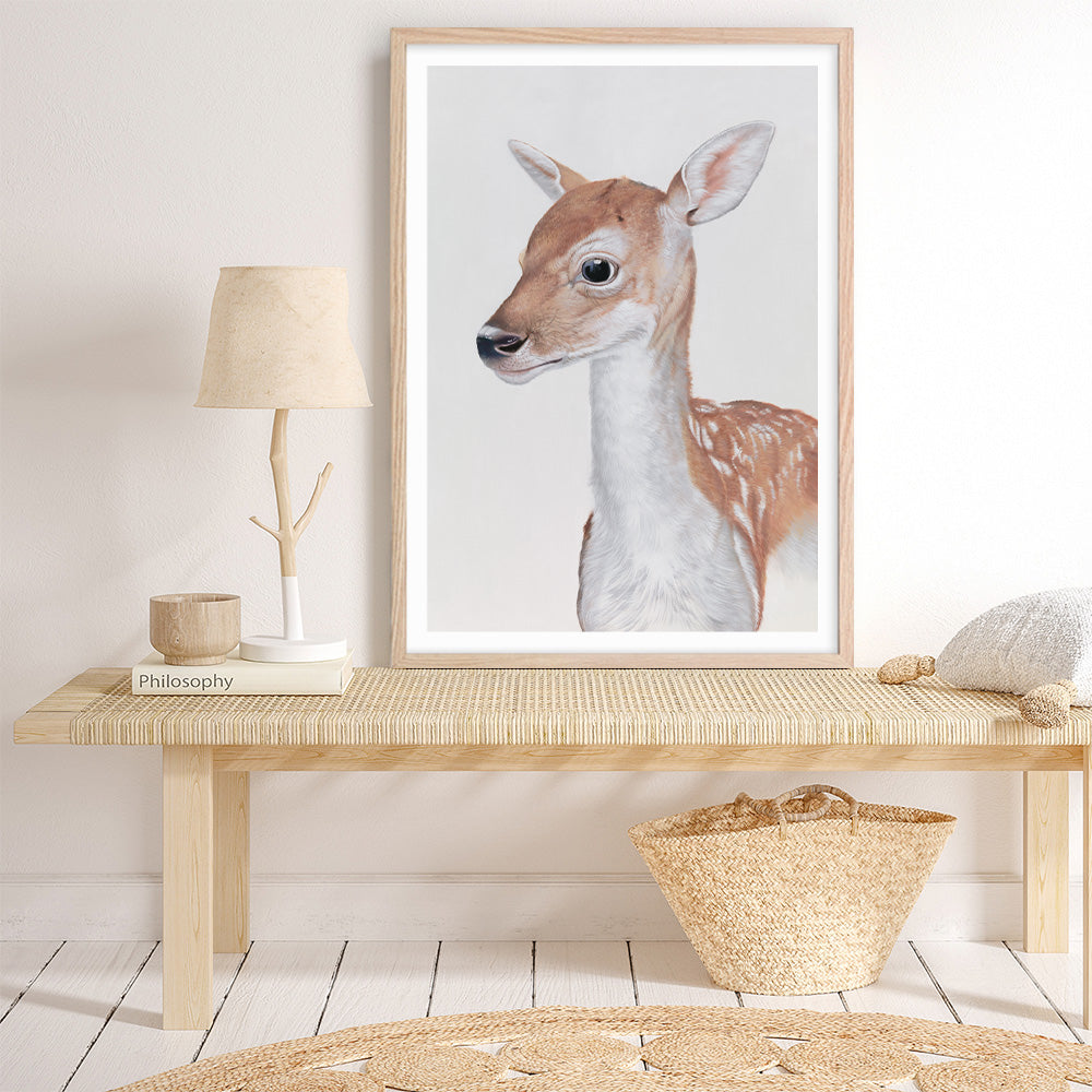 Shop Baby Deer II Art Print a painted adorable baby nursery animal themed wall art print from The Print Emporium wall artwork collection - Buy Australian made fine art painting style poster and framed prints for the home and your interior decor room, TPE-252-AP