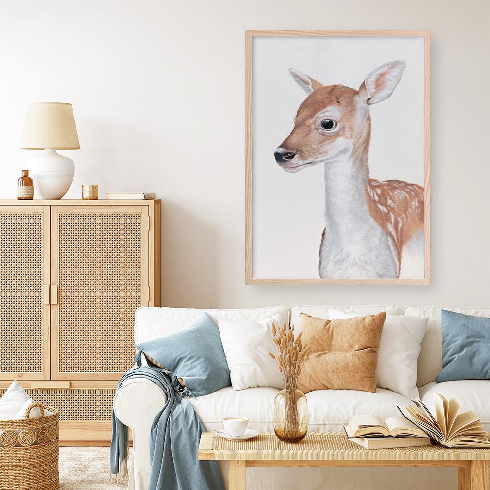 Shop Baby Deer II Art Print a painted adorable baby nursery animal themed wall art print from The Print Emporium wall artwork collection - Buy Australian made fine art painting style poster and framed prints for the home and your interior decor room, TPE-252-AP