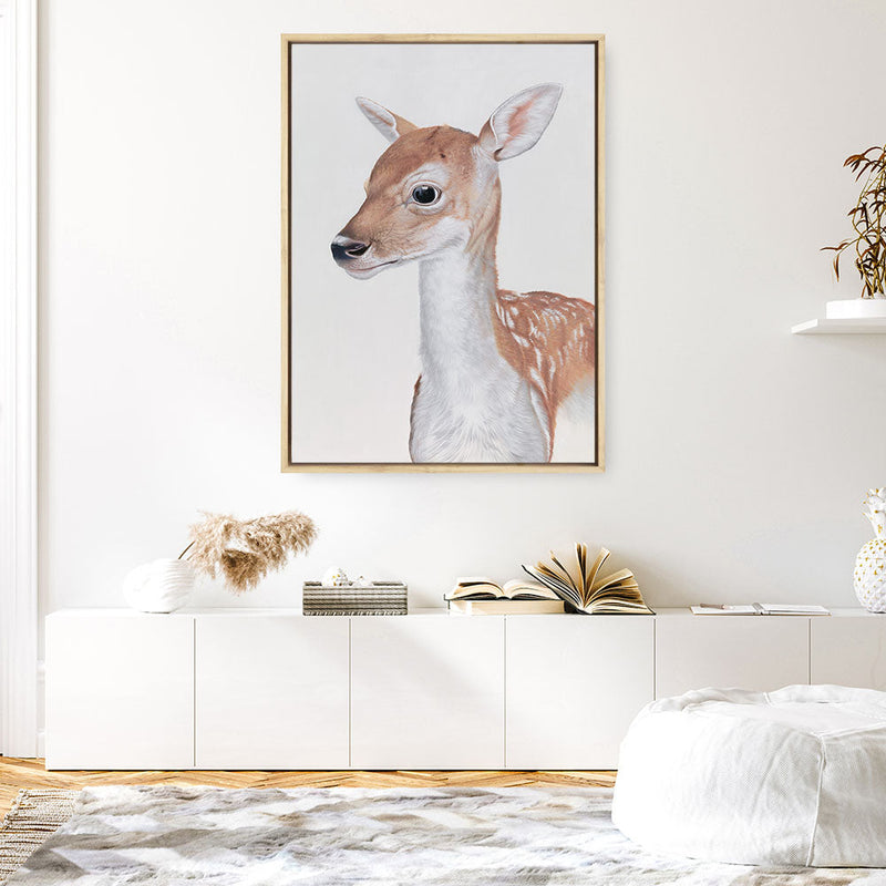 Shop Baby Deer II Canvas Print a painted adorable baby nursery room animal themed framed canvas wall art print from The Print Emporium artwork collection - Buy Australian made fine art painting style stretched canvas prints for the home and your interior decor space, TPE-252-CA-35X46-NF
