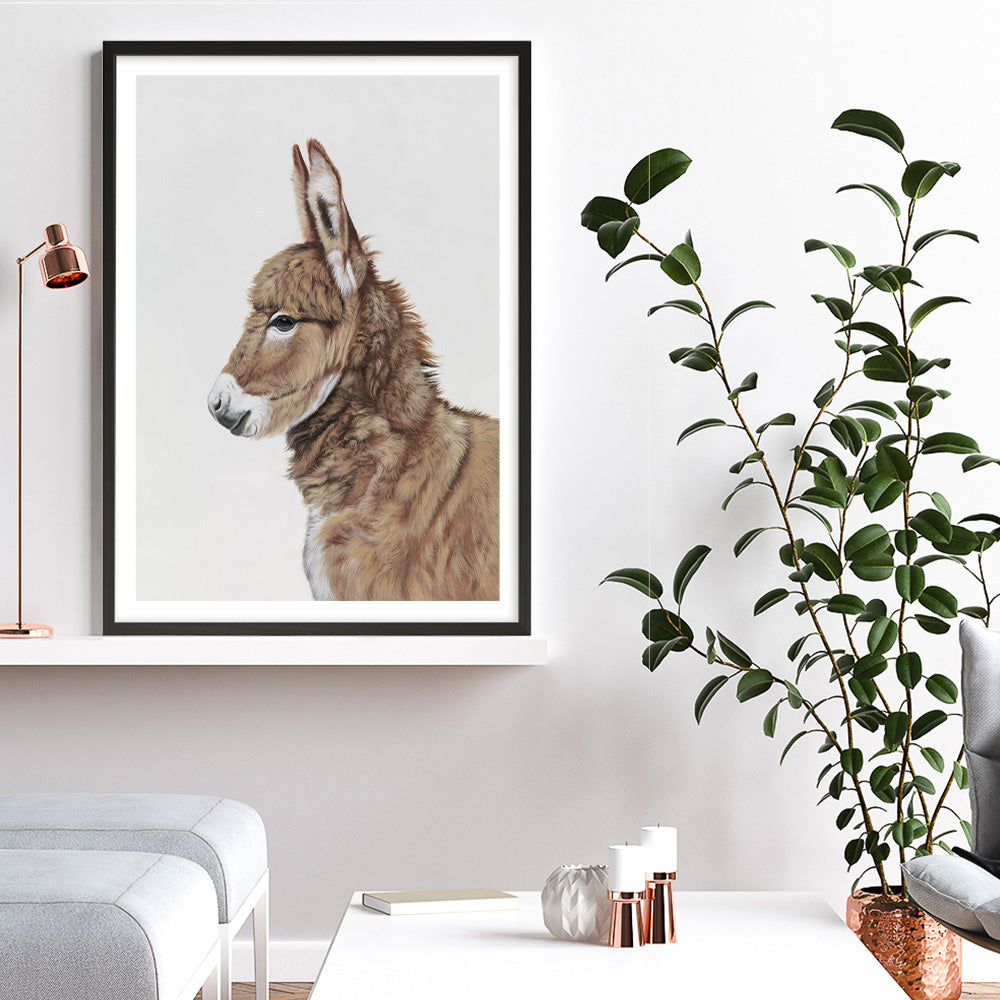 Shop Baby Donkey Art Print a painted adorable baby nursery animal themed wall art print from The Print Emporium wall artwork collection - Buy Australian made fine art painting style poster and framed prints for the home and your interior decor room, TPE-258-AP