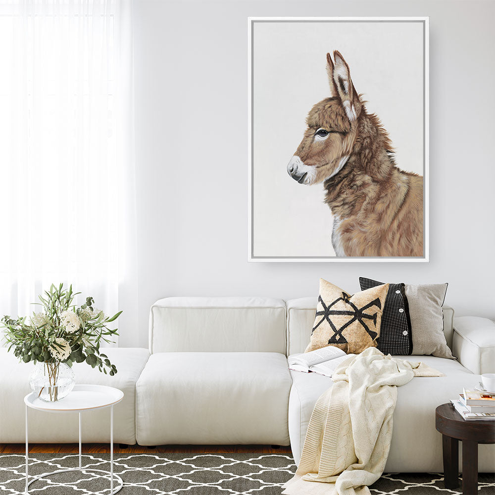 Shop Baby Donkey Canvas Print a painted adorable baby nursery room animal themed framed canvas wall art print from The Print Emporium artwork collection - Buy Australian made fine art painting style stretched canvas prints for the home and your interior decor space, TPE-258-CA-35X46-NF