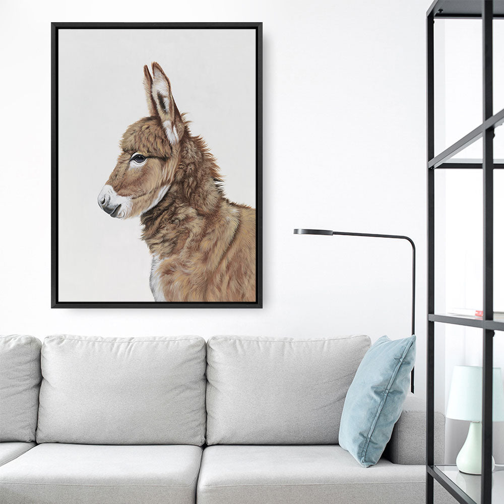 Shop Baby Donkey Canvas Print a painted adorable baby nursery room animal themed framed canvas wall art print from The Print Emporium artwork collection - Buy Australian made fine art painting style stretched canvas prints for the home and your interior decor space, TPE-258-CA-35X46-NF