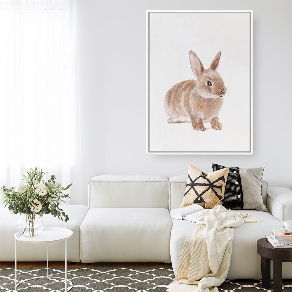 Shop Baby Rabbit Canvas Print a painted adorable baby nursery room animal themed framed canvas wall art print from The Print Emporium artwork collection - Buy Australian made fine art painting style stretched canvas prints for the home and your interior decor space, TPE-201-CA-35X46-NF