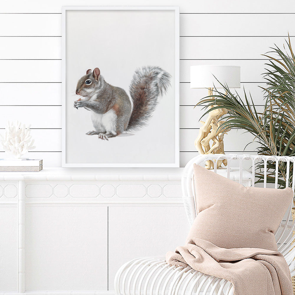 Shop Baby Squirrel Art Print a painted adorable baby nursery animal themed wall art print from The Print Emporium wall artwork collection - Buy Australian made fine art painting style poster and framed prints for the home and your interior decor room, TPE-255-AP