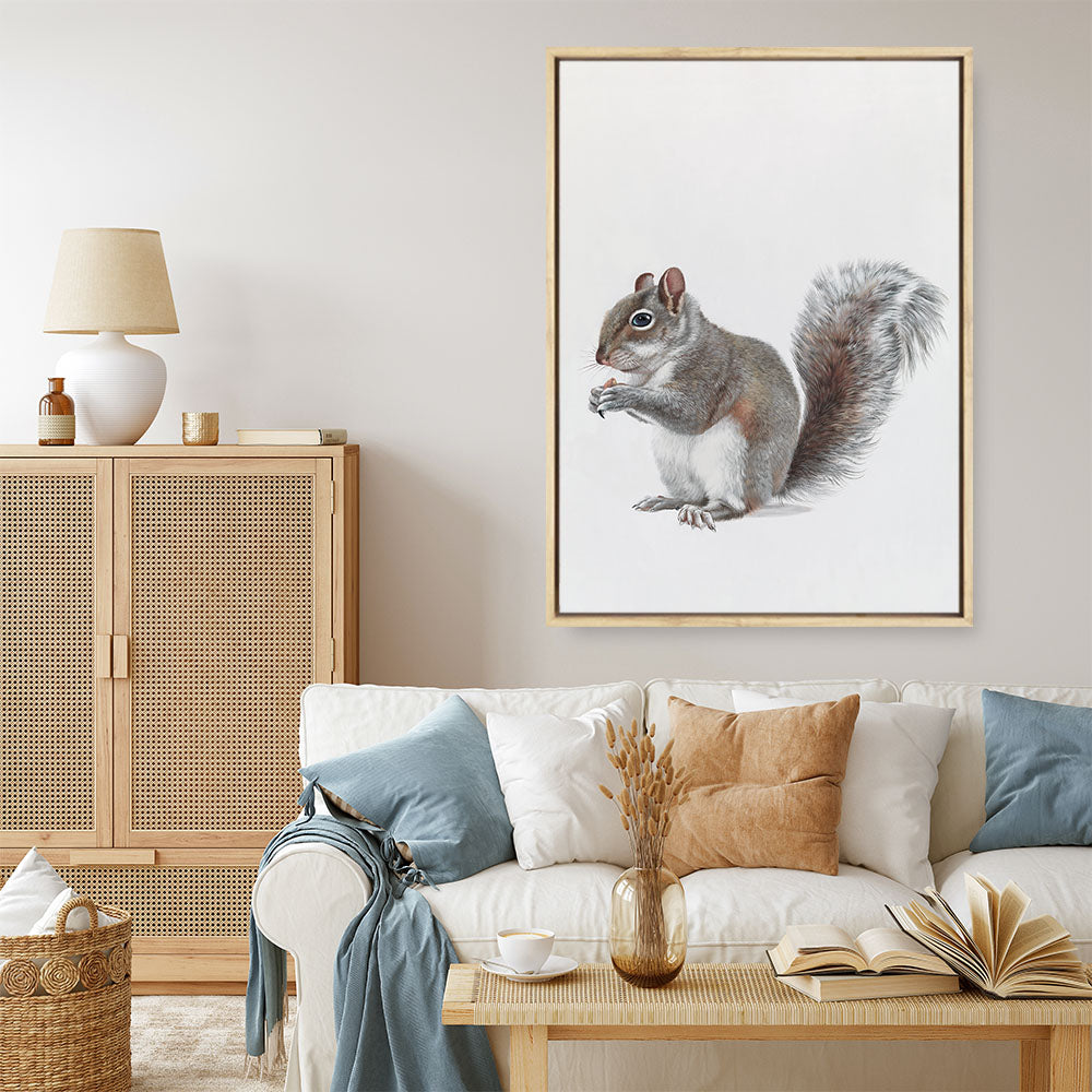 Shop Baby Squirrel Canvas Print a painted adorable baby nursery room animal themed framed canvas wall art print from The Print Emporium artwork collection - Buy Australian made fine art painting style stretched canvas prints for the home and your interior decor space, TPE-255-CA-35X46-NF
