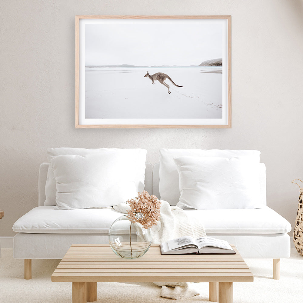 Shop Beach Kangaroo Photo Art Print a coastal themed photography wall art print from The Print Emporium wall artwork collection - Buy Australian made fine art poster and framed prints for the home and your interior decor, TPE-1006-AP