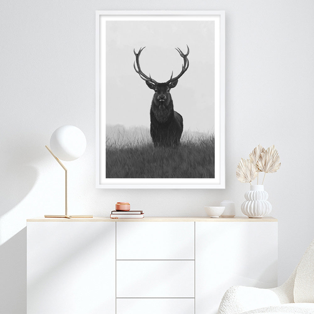 Shop Black & White Elk Art Print a deer themed painted wall art print from The Print Emporium wall artwork collection - Buy Australian made fine art painting style poster and framed prints for the home and your interior decor room, TPE-043-AP