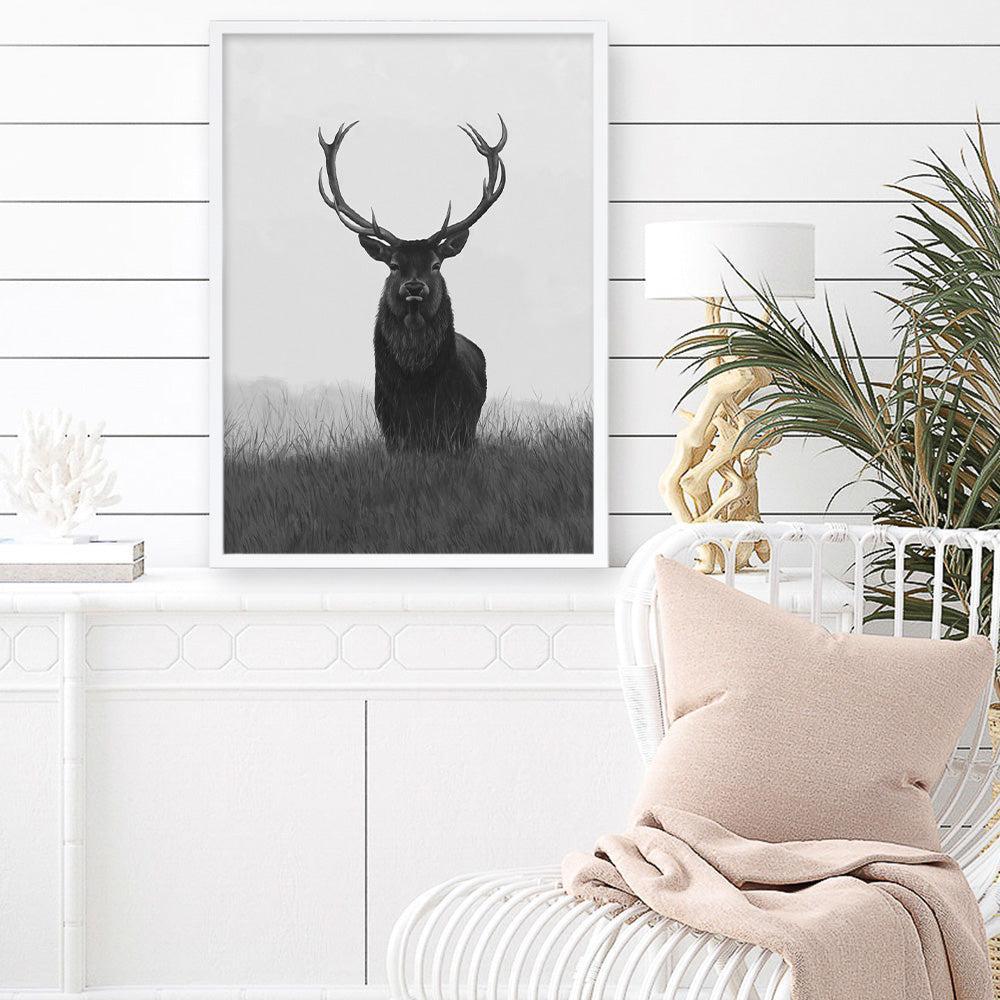 Shop Black & White Elk Art Print a deer themed painted wall art print from The Print Emporium wall artwork collection - Buy Australian made fine art painting style poster and framed prints for the home and your interior decor room, TPE-043-AP