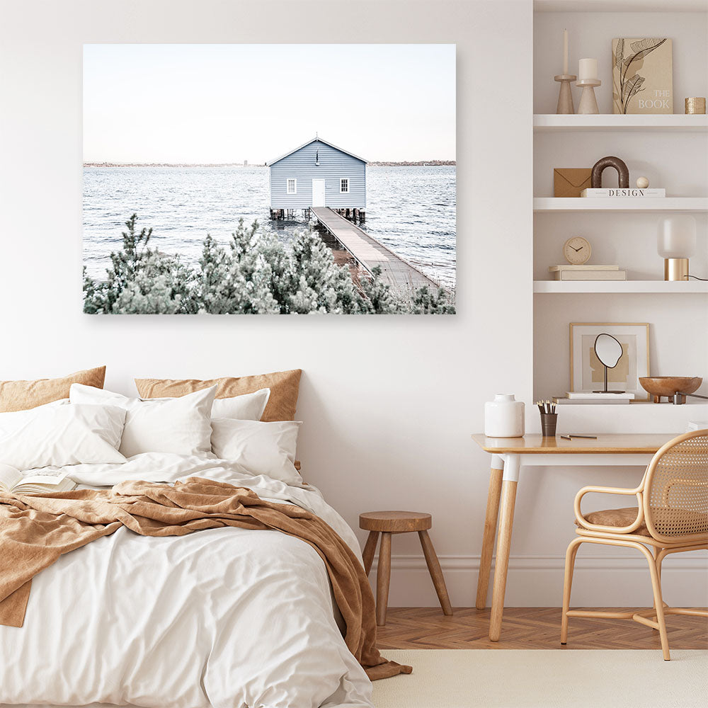 Shop Blue Boat Shed Photo Canvas Print a coastal themed photography framed stretched canvas print from The Print Emporium wall artwork collection - Buy Australian made prints for the home and your interior decor space, TPE-848-CA-35X46-NF