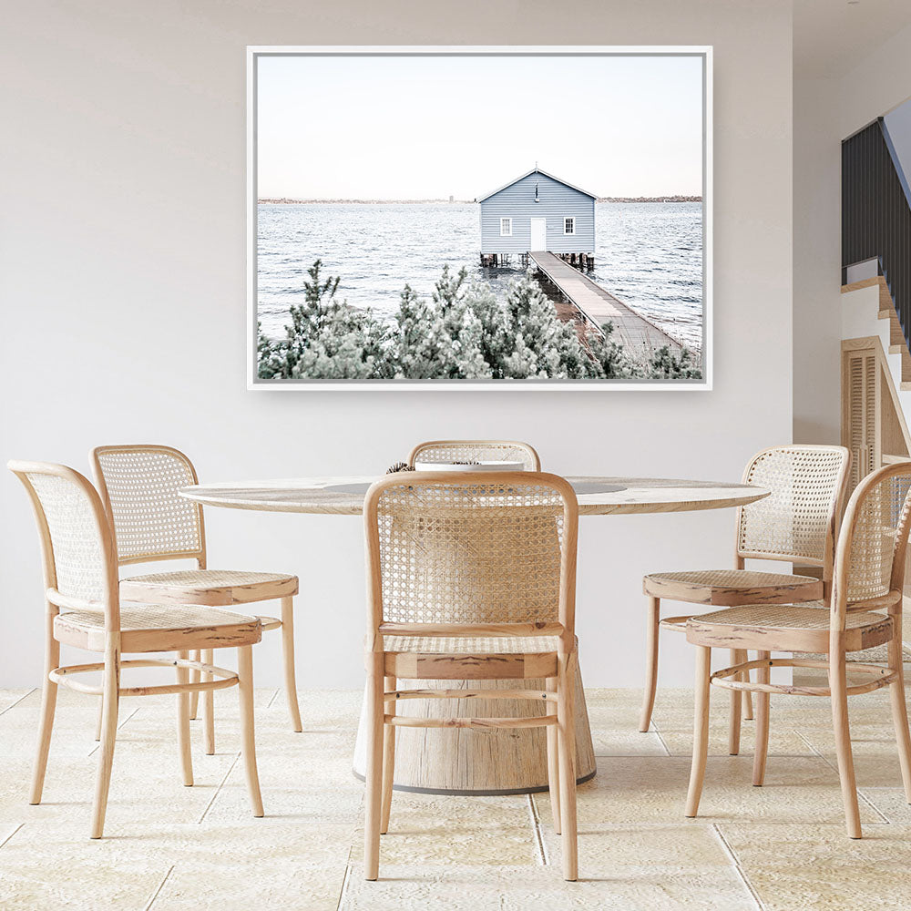 Shop Blue Boat Shed Photo Canvas Print a coastal themed photography framed stretched canvas print from The Print Emporium wall artwork collection - Buy Australian made prints for the home and your interior decor space, TPE-848-CA-35X46-NF
