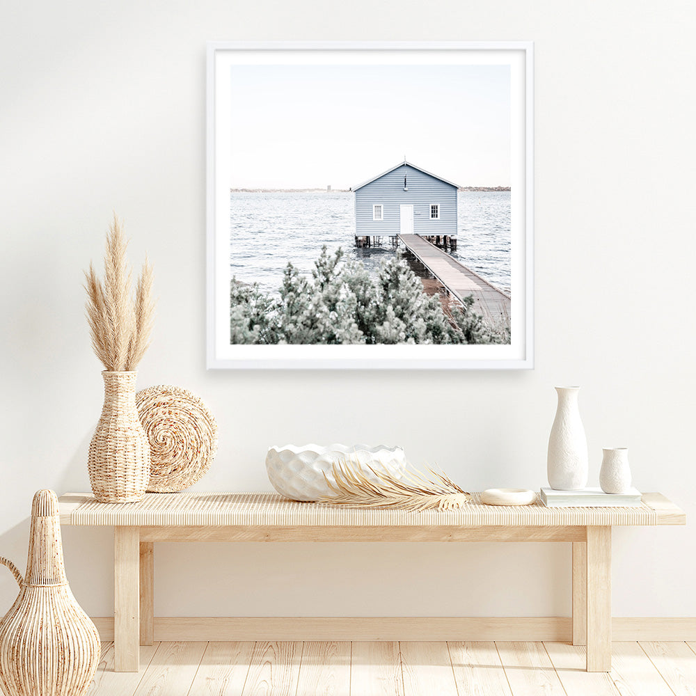Shop Blue Boat Shed (Square) Photo Art Print a coastal themed photography wall art print from The Print Emporium wall artwork collection - Buy Australian made fine art poster and framed prints for the home and your interior decor, TPE-1054-AP