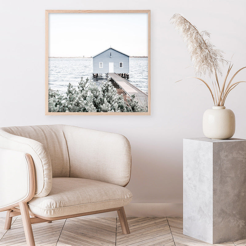 Shop Blue Boat Shed (Square) Photo Art Print a coastal themed photography wall art print from The Print Emporium wall artwork collection - Buy Australian made fine art poster and framed prints for the home and your interior decor, TPE-1054-AP