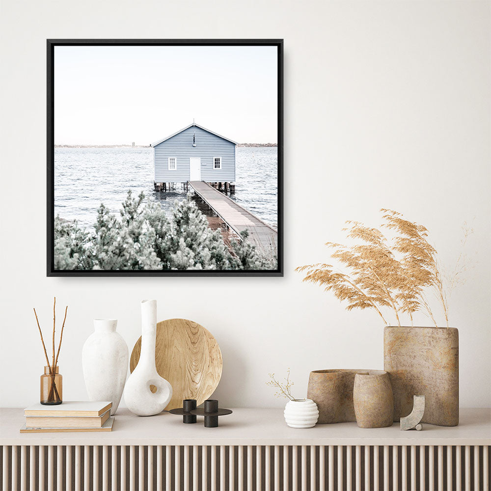 Shop Blue Boat Shed (Square) Photo Canvas Print a coastal themed photography framed stretched canvas print from The Print Emporium wall artwork collection - Buy Australian made prints for the home and your interior decor space, TPE-1054-CA-40X40-NF