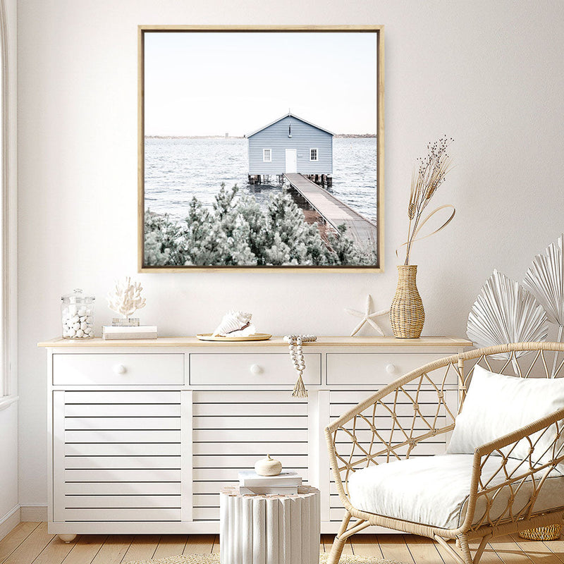 Shop Blue Boat Shed (Square) Photo Canvas Print a coastal themed photography framed stretched canvas print from The Print Emporium wall artwork collection - Buy Australian made prints for the home and your interior decor space, TPE-1054-CA-40X40-NF
