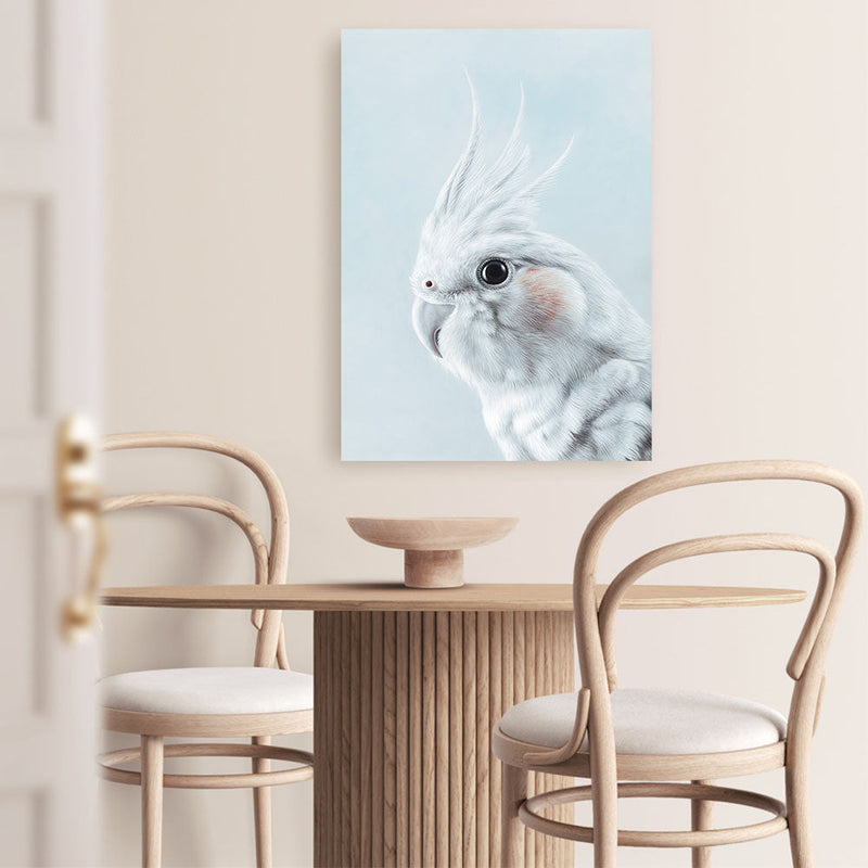 Shop Blue Cockatiel Canvas Print a painted bird themed framed canvas wall art print from The Print Emporium artwork collection - Buy Australian made fine art painting style stretched canvas prints for the home and your interior decor space, TPE-013-CA-35X46-NF