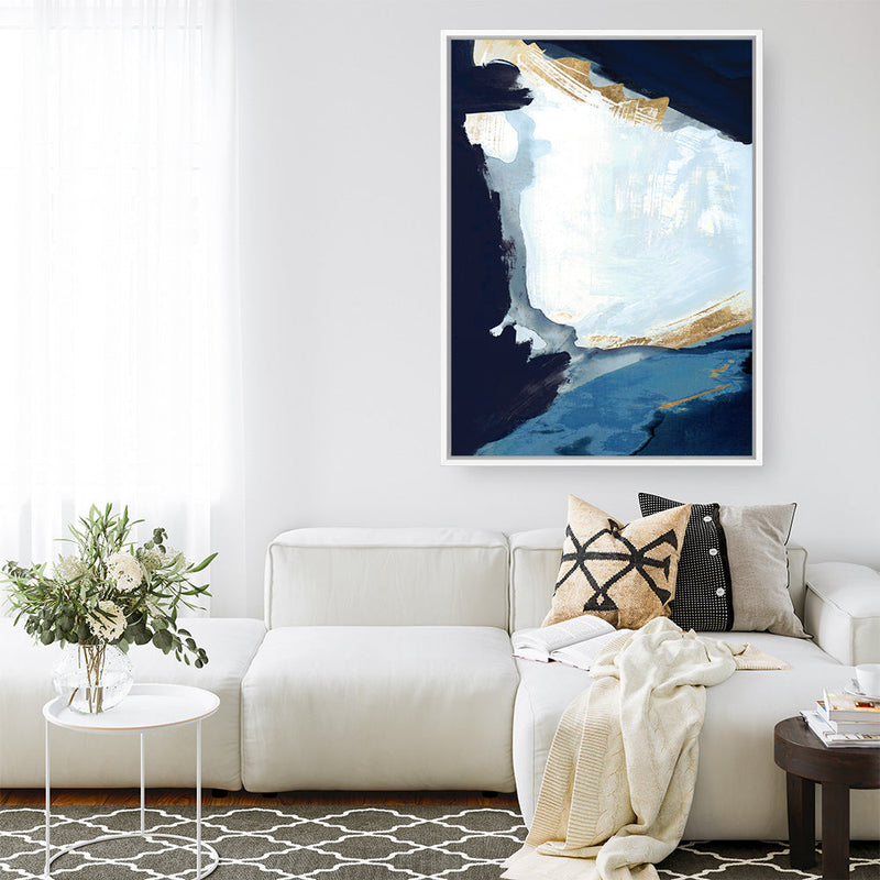 Shop Blue in Gold III Canvas Print a painted abstract themed framed canvas wall art print from The Print Emporium artwork collection - Buy Australian made fine art painting style stretched canvas prints for the home and your interior decor space, TPE-PC-WZ120-CA-35X46-NF