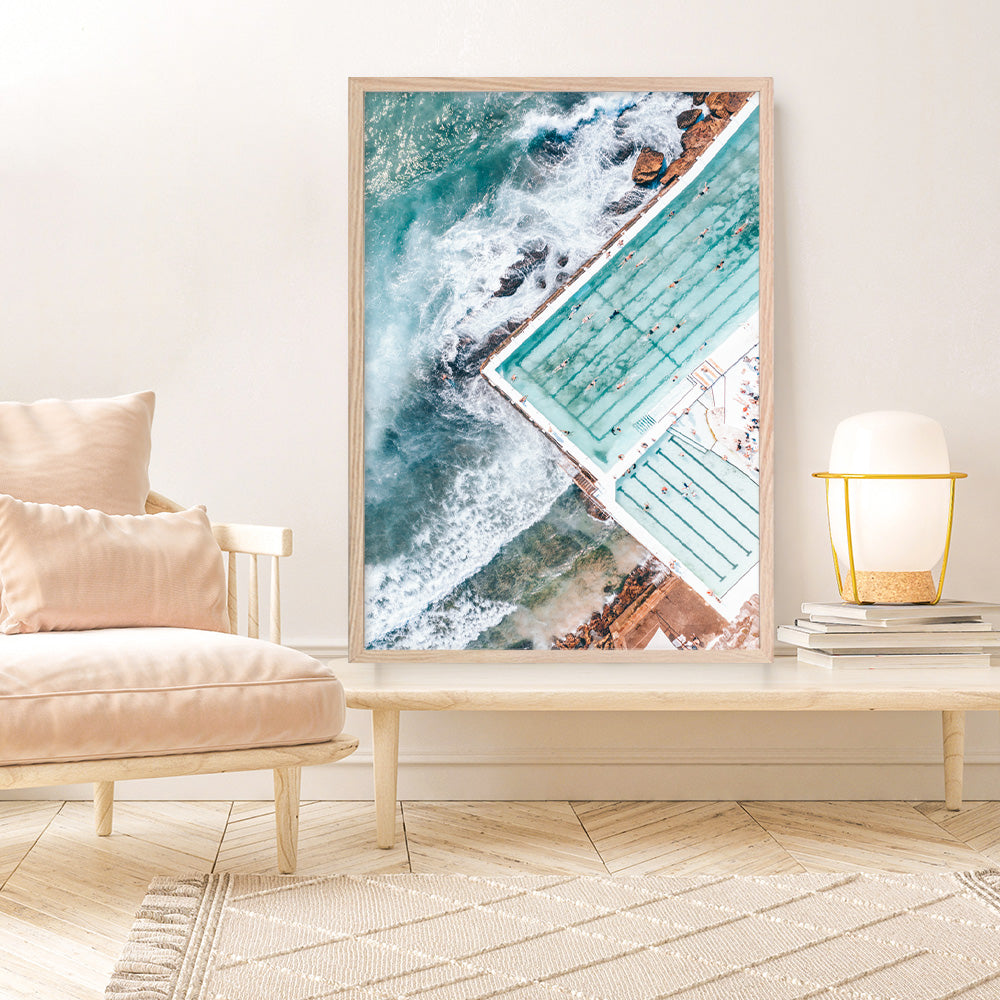 Shop Bondi Pool Aerial I Photo Art Print a coastal themed photography wall art print from The Print Emporium wall artwork collection - Buy Australian made fine art poster and framed prints for the home and your interior decor, TPE-1260-AP