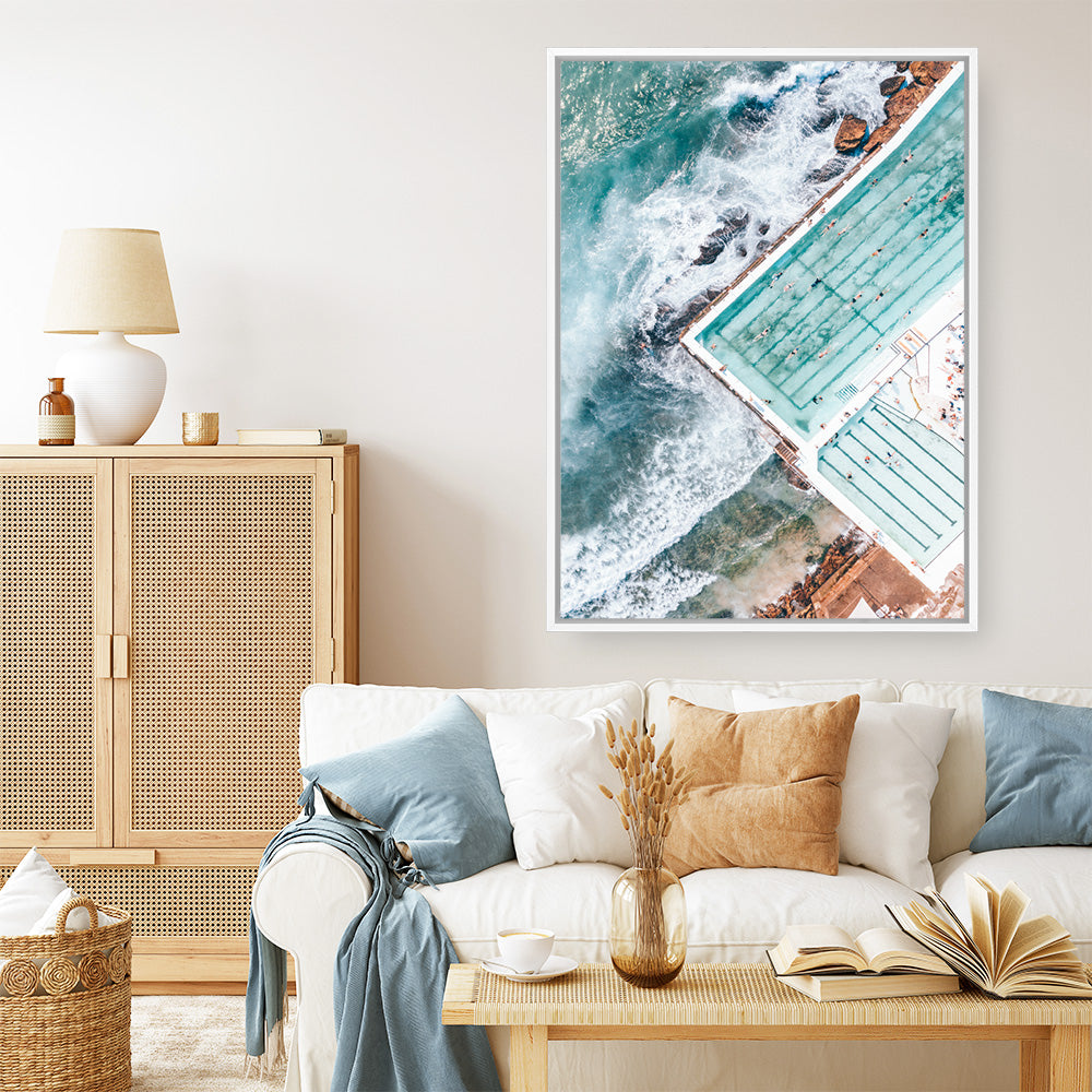 Shop Bondi Pool Aerial I Photo Canvas Print a coastal themed photography framed stretched canvas print from The Print Emporium wall artwork collection - Buy Australian made prints for the home and your interior decor space, TPE-1260-CA-35X46-NF
