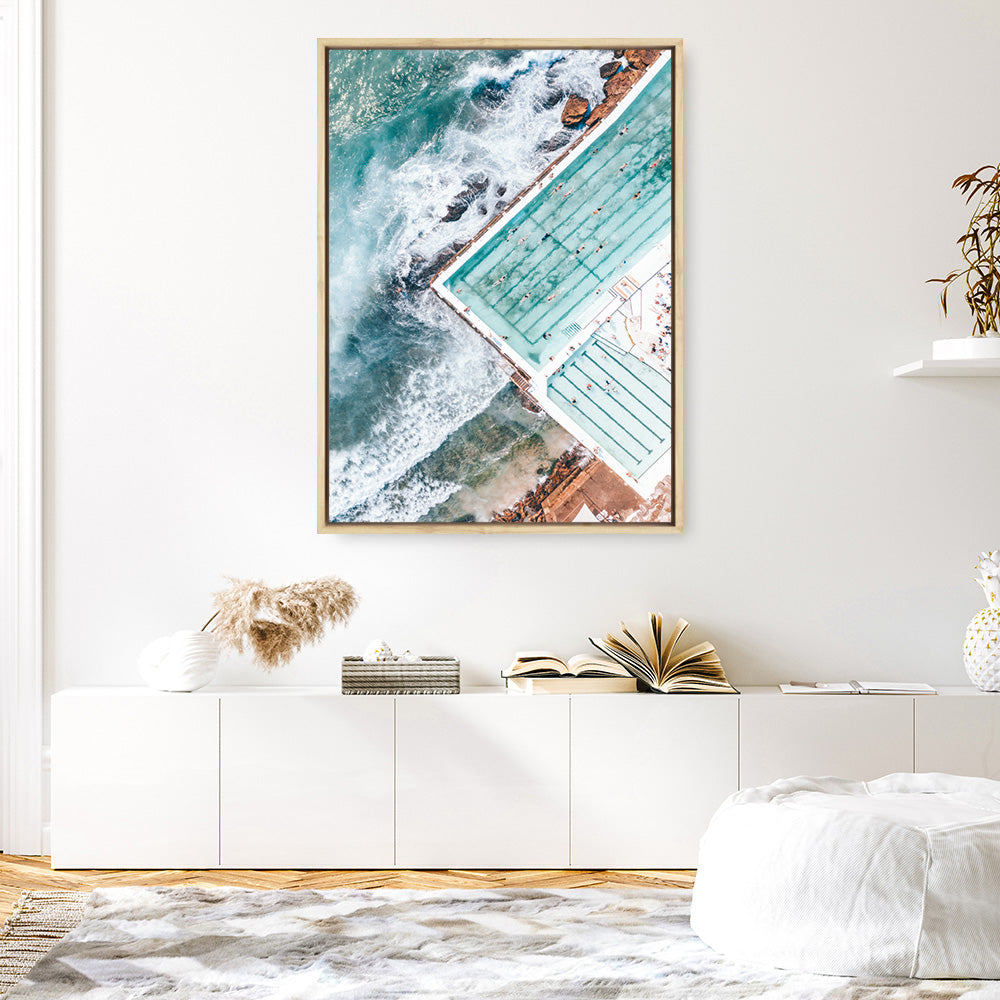 Shop Bondi Pool Aerial I Photo Canvas Print a coastal themed photography framed stretched canvas print from The Print Emporium wall artwork collection - Buy Australian made prints for the home and your interior decor space, TPE-1260-CA-35X46-NF