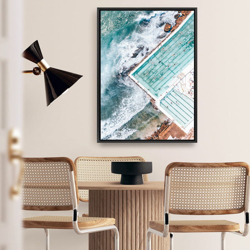 Shop Bondi Pool Aerial I Photo Canvas Print a coastal themed photography framed stretched canvas print from The Print Emporium wall artwork collection - Buy Australian made prints for the home and your interior decor space, TPE-1260-CA-35X46-NF