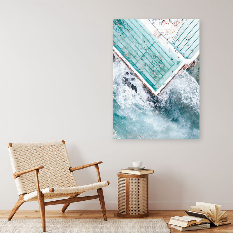 Shop Bondi Pool Aerial II Photo Canvas Print a coastal themed photography framed stretched canvas print from The Print Emporium wall artwork collection - Buy Australian made prints for the home and your interior decor space, TPE-1262-CA-35X46-NF
